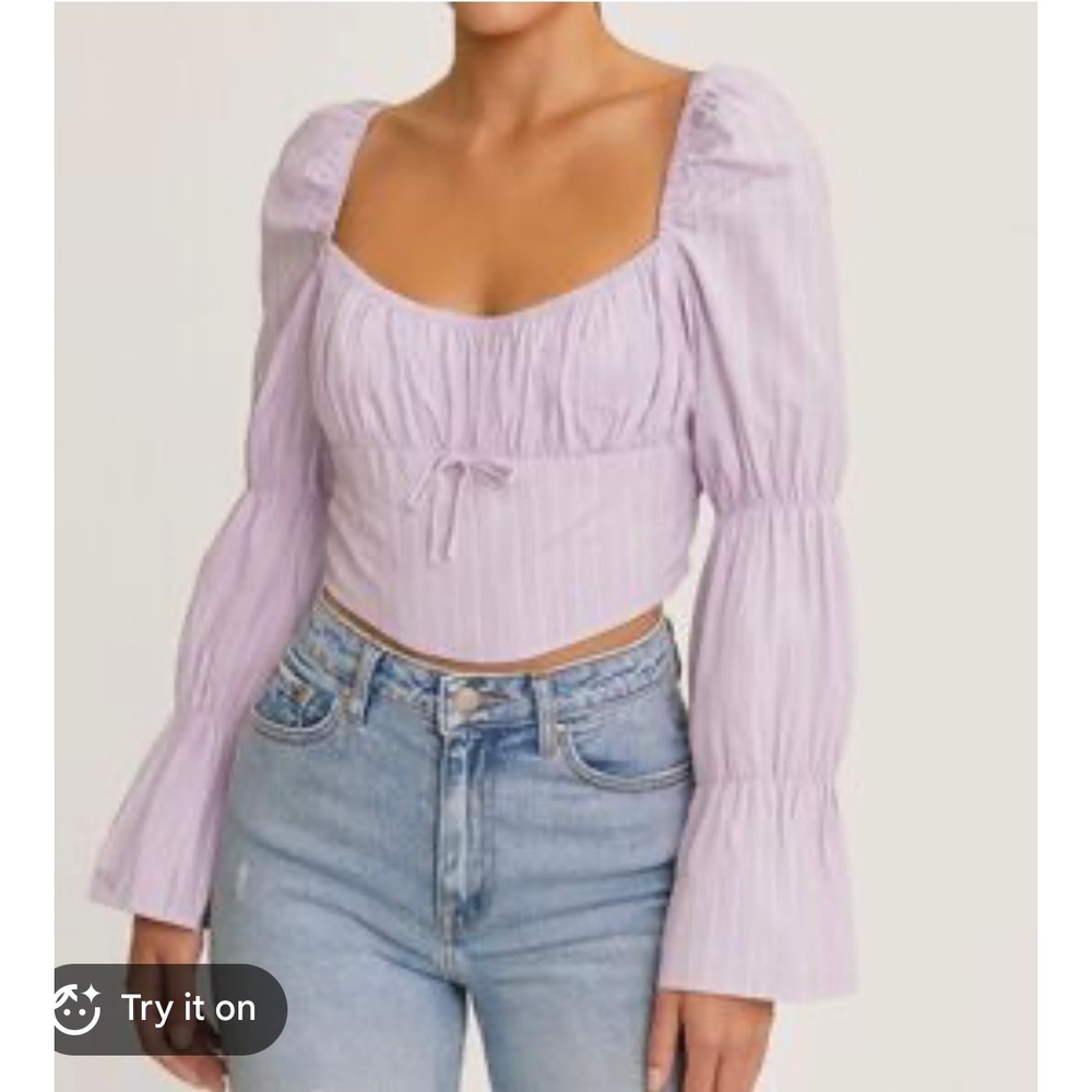 Freshman 1996 Lavender Pinstripe Puff Sleeve Crop Top XL NEW